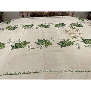 Vtg Hand Cross Stitched Tablecloth & Napkins 70x54” Cotton Green Ivy & Vines